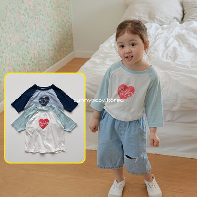 ONU韩国童装代购26夏男女小童轻薄经典拼色可爱爱心印花休闲T恤