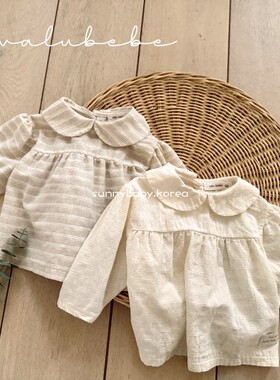 VALU BEBE韩国童装代购26春女婴小童棉可爱翻领百搭条纹娃娃衫T恤