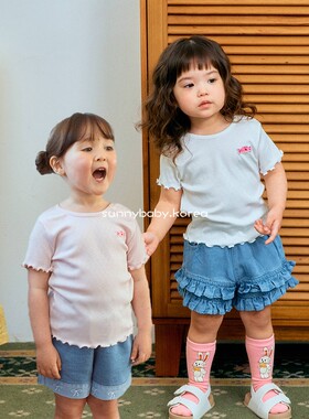 1st韩国进口童装代购26夏女小大童薄棉可爱糖果木耳边弹力短袖T恤