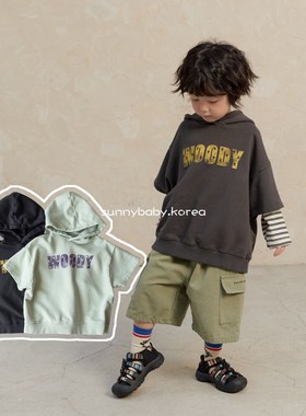 NAVI韩国进口童装代购26春男女小大童棉做旧字母宽松连帽短袖卫衣
