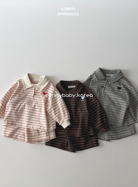 LINDO韩国进口童装代购26春男女小童柔软条纹翻领T恤休闲短裤套装