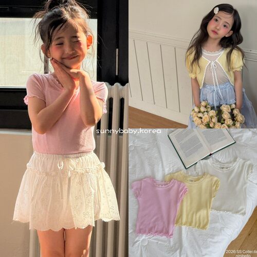 NINIBELLO韩国进口童装代购26夏女童中小童棉软木耳边时尚短袖T恤