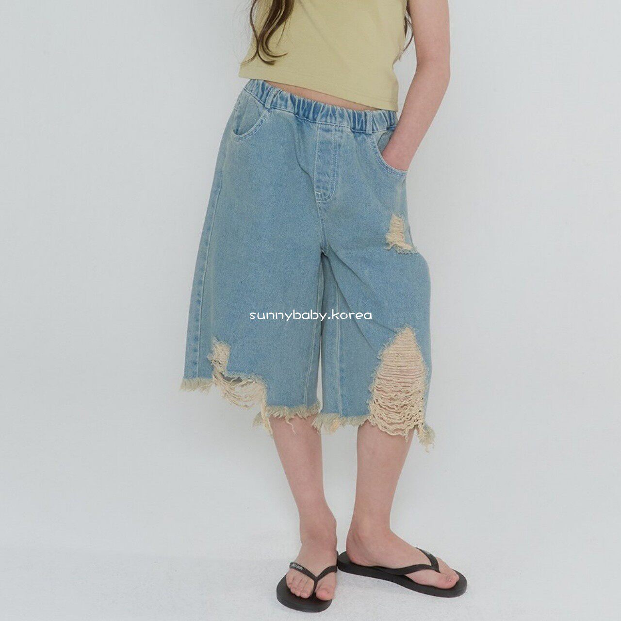 FORKCHIPS韩国进口童装代购26夏女大小童时尚毛边破洞5分牛仔短裤