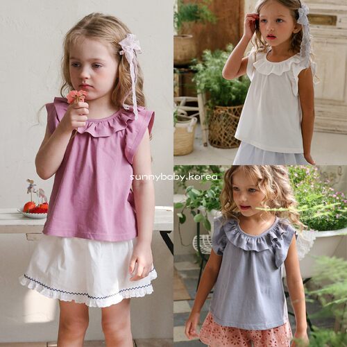 FLO韩国童装代购26夏女小童棉柔甜美纯色荷叶边领飞飞袖娃娃衫T恤