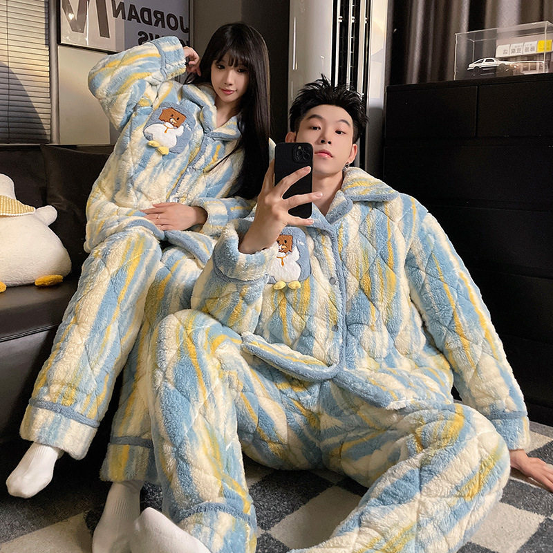 三层夹棉睡衣情侣秋冬季加绒加厚珊瑚绒一男一女冬天家居服可外穿