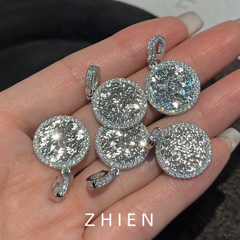 至恩S925纯银碎冰冰吊坠女圆牌轻奢镶钻时尚项链坠子银饰日韩百搭