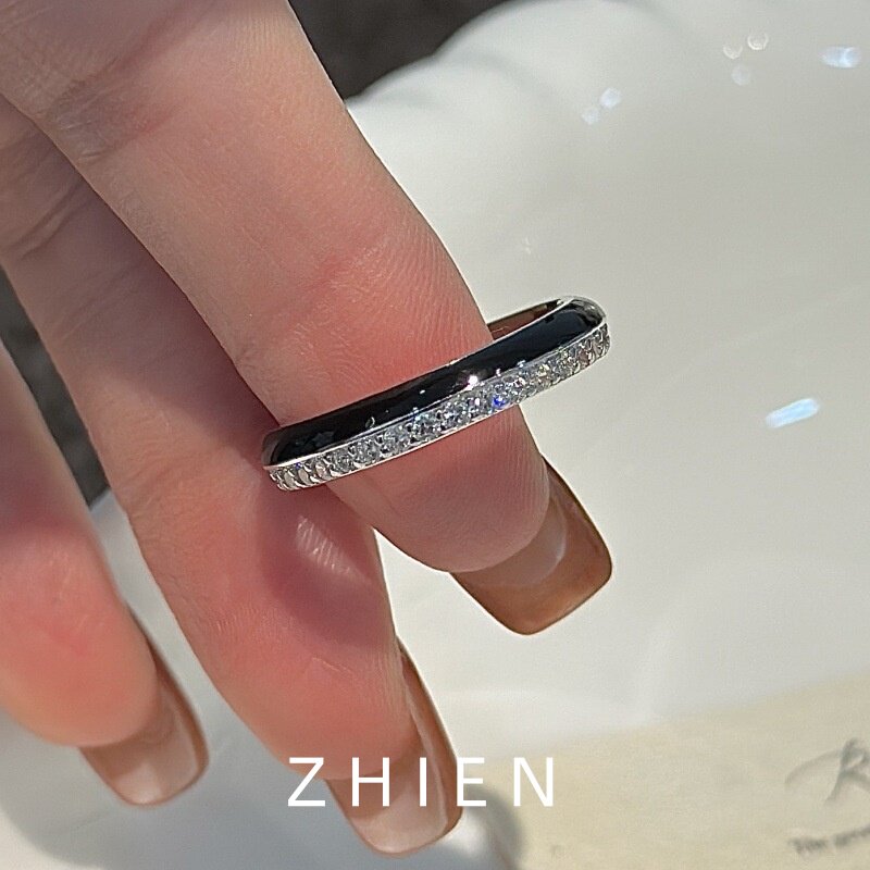 至恩S925纯银轻奢满钻戒指男女黑色滴釉精致小众开口指环百搭简约