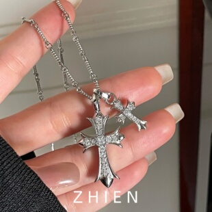 至恩S925纯银双十字架项链ins风镶钻高级感轻奢网红辣妹百搭颈链