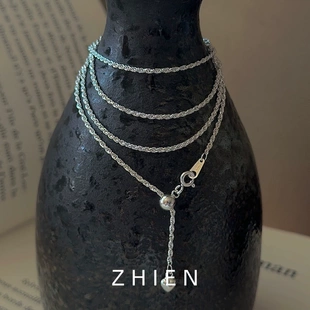至恩925纯银麻花项链小众设计可抽拉调节百搭长款毛衣链单链银饰