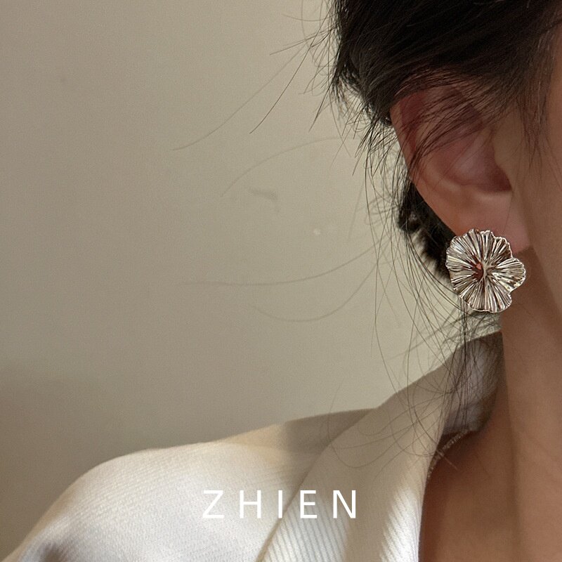 大号荷叶耳钉女纯银耳饰