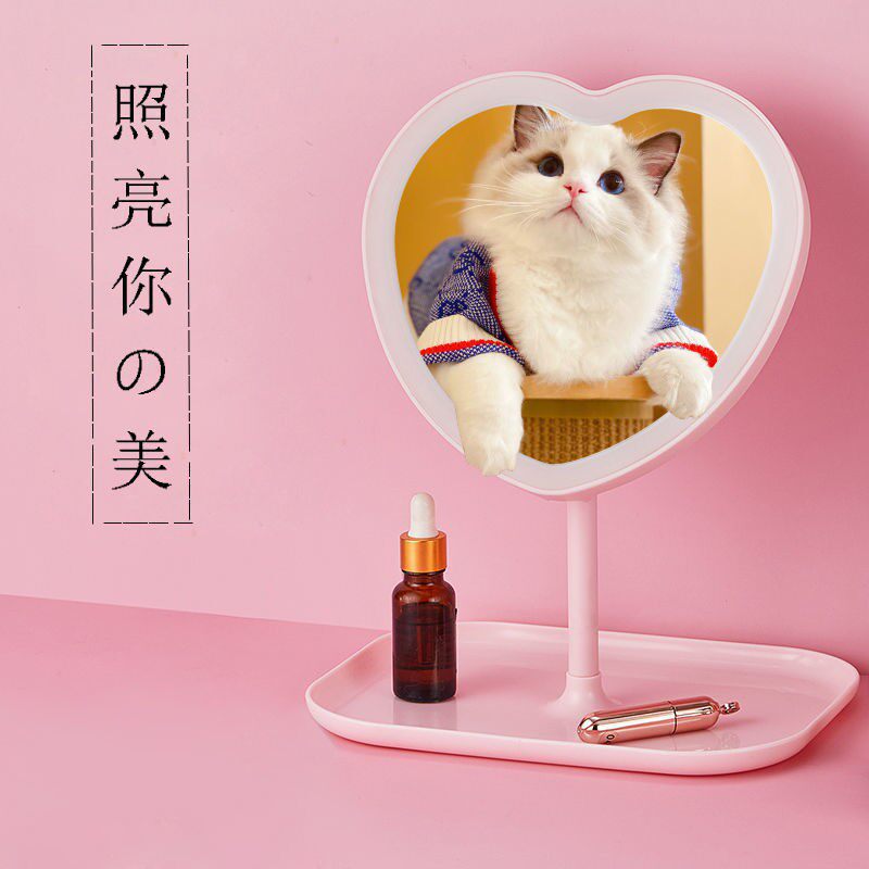 台式网红镜美妆梳妆镜USB充电镜子爱心形化妆镜led带灯补光镜调光
