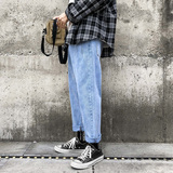 9221-P45港风牛仔裤男春夏长裤水洗潮流休闲直筒裤青年裤子浅蓝，男装牛仔裤，电商A080