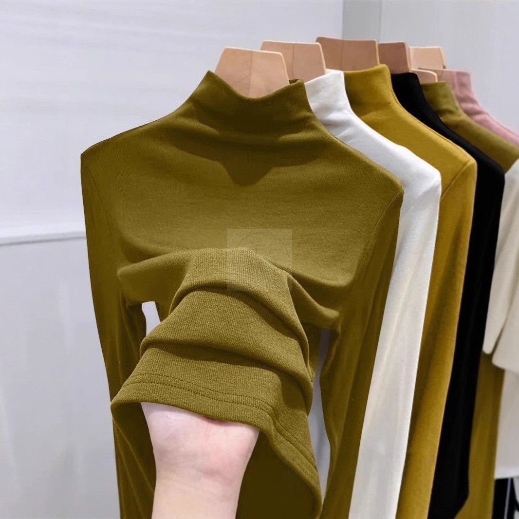 2025年螺纹半高领打底衫女春秋冬时尚长袖t恤修身德绒内搭上衣