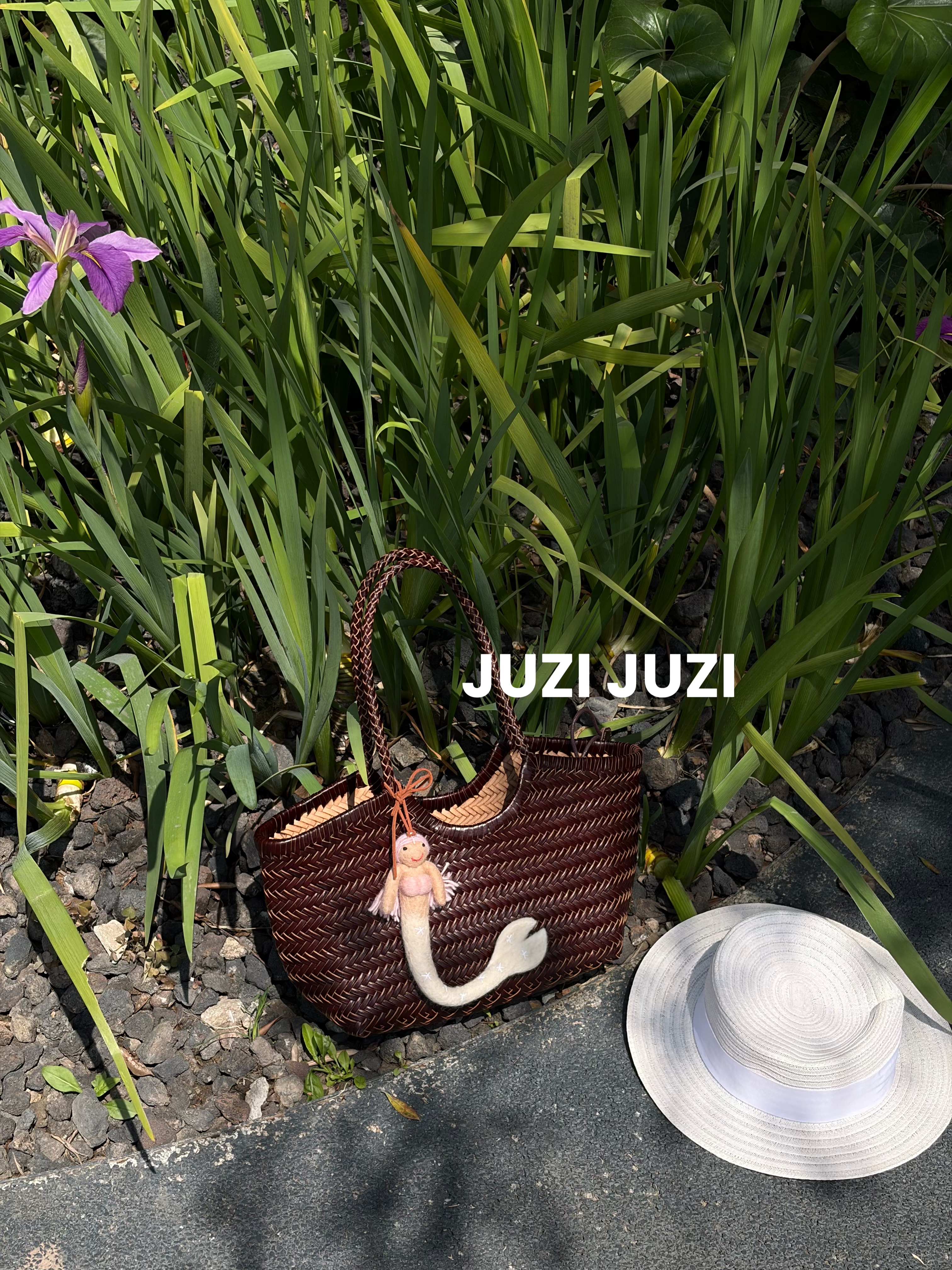 JUZI/法式小众菜篮子包头层牛皮编织包真皮单肩托特包女夏新款