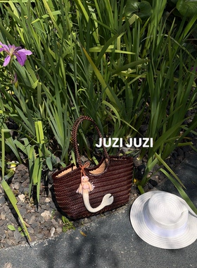 JUZI/法式小众菜篮子包头层牛皮编织包真皮单肩托特包女夏新款