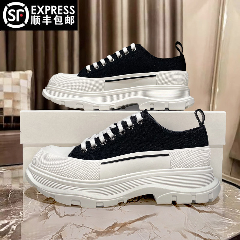 夕麦昆低帮透气帆布鞋秋季新款增高厚底超火男鞋系带松糕休闲鞋潮