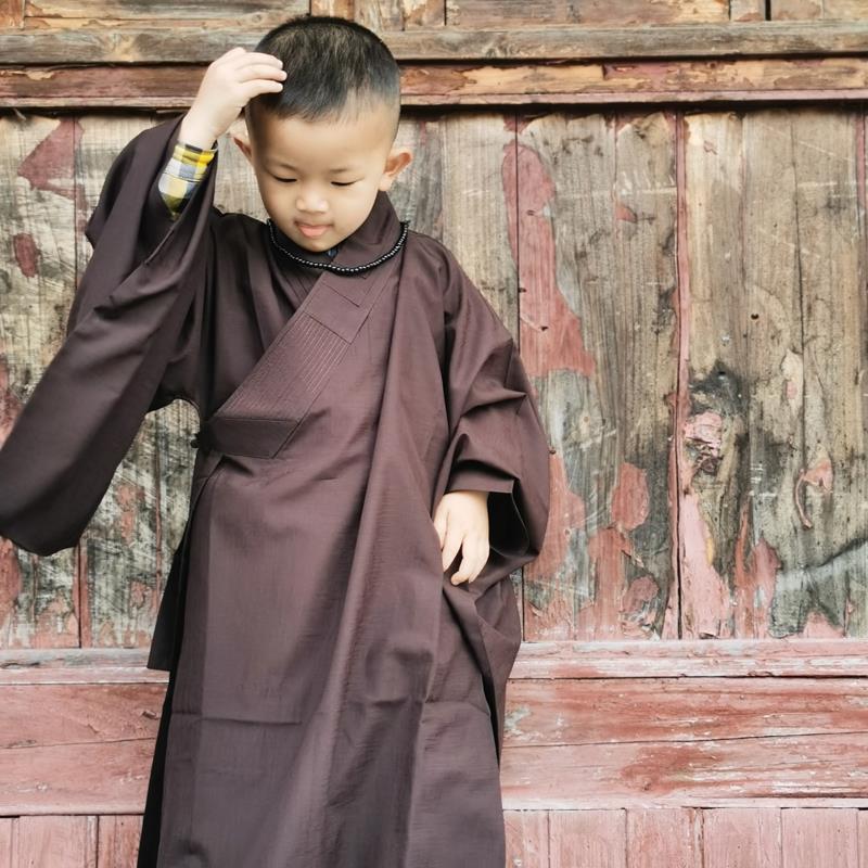 新款台湾麻面料 咖啡色小孩僧服 海清僧鞋居士服 儿童海青 直销价