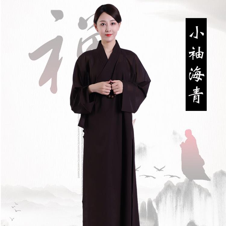 新款台麻夏季透气小袖海青居士服男女咖啡色黑色僧衣僧服长衫大褂