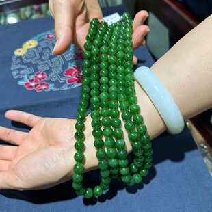 新疆和田玉阳绿碧玉珠链成品 辣绿碧玉10mm圆珠项链多圈手串保真
