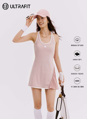 ULTRAFIT不规则粉色吊带自带胸垫压褶网球连衣裙夏季防走光网球裙