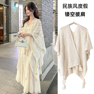 镂空针织防晒开衫披肩女外搭2025新款配裙子旗袍罩衫民族风斗篷