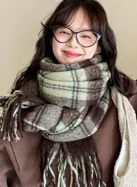 围巾冬季女2025新款薄荷绿色格子羊绒韩系百搭氛围高级感加厚围脖