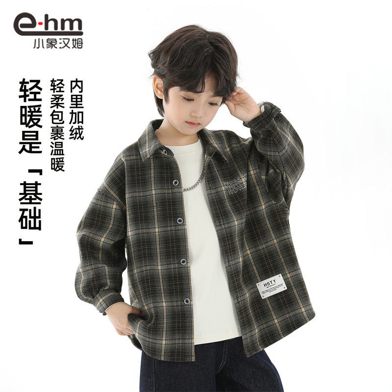 小象汉姆童装男童加绒衬衫儿童保暖打底衫2025冬装新款男孩外套潮