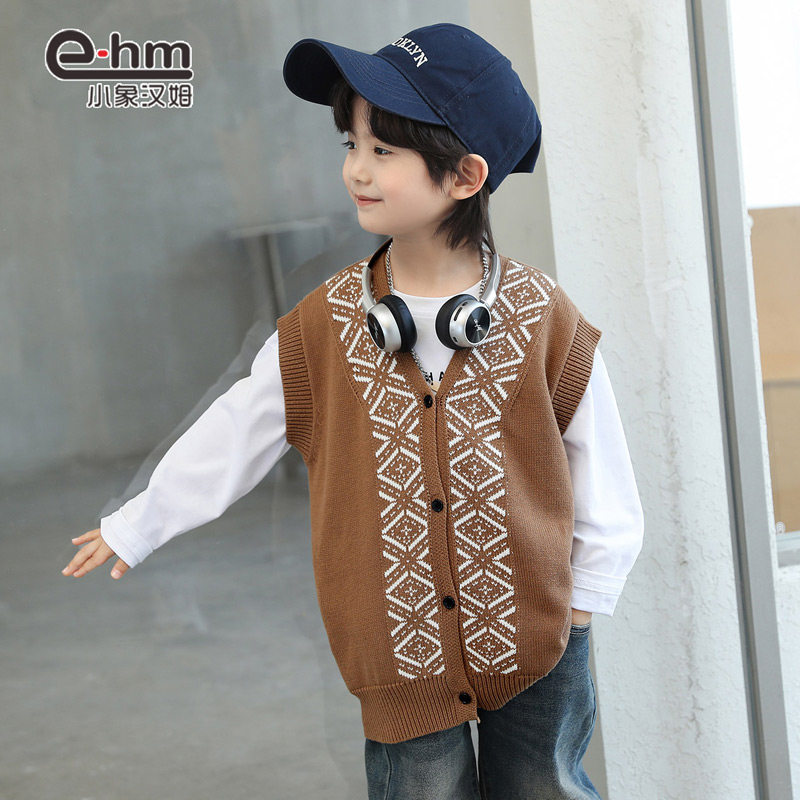 小象汉姆童装男童毛衣背心针织衫儿童马甲纯棉2024秋装新款中大童
