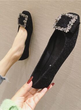 2025春夏韩版金属扣百搭豆豆鞋黑色平底单鞋女方头浅口大码瓢鞋