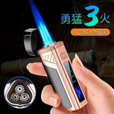 839触摸感应三直冲防风打火机多功能气电合一带雪茄刀蓝焰抖音