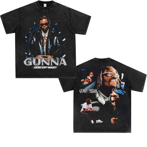 Gunna古纳说唱Hiphop美式复古小领口潮流纯棉宽松数码印花短袖t恤