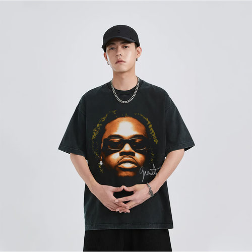 Gunna古纳说唱美式复古嘻哈小领口潮流纯棉宽松Hiphop印花短袖t恤
