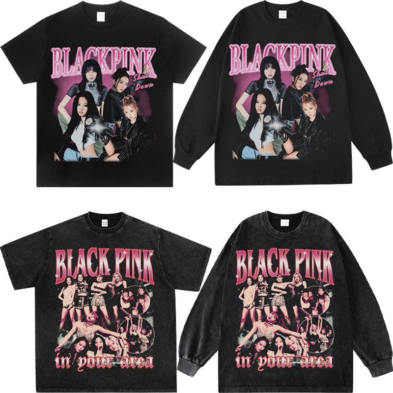 Black Pink韩国人气女团美式圆领纯棉宽印花街头运动潮松短袖t恤