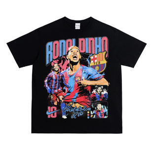 Ronaldinho罗纳尔迪尼奥美式小领口短袖复古做旧重磅纯棉长袖T恤