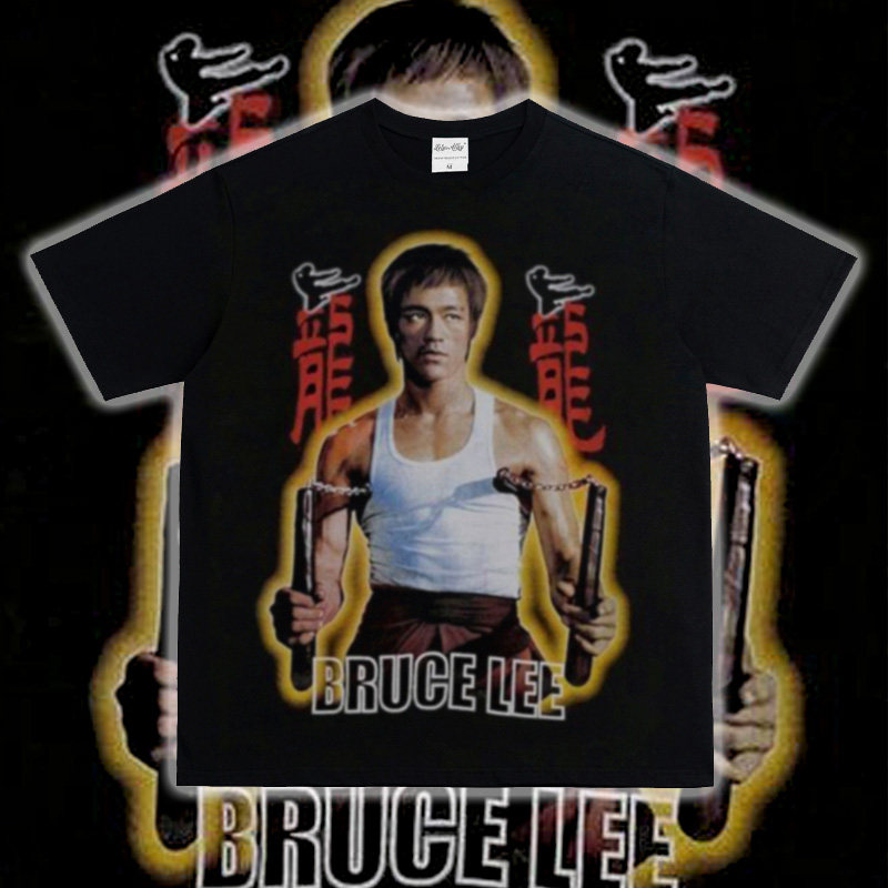 BruceLee 李小龙功夫美式重磅纯棉青年透气印花休闲运动潮短袖t恤