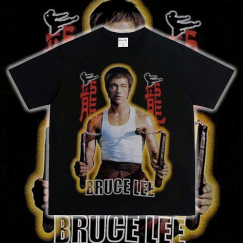BruceLee 李小龙功夫美式重磅纯棉青年透气印花休闲运动潮短袖t恤