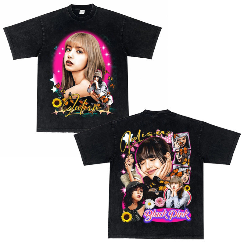 丽萨Lisa韩国女团Blackpink美式复古重磅纯棉T恤街头嘻哈休闲短袖