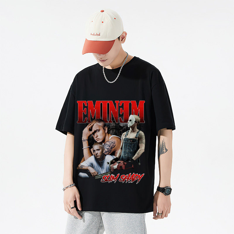 Eminem 埃米纳姆美式复古重磅纯棉宽松摇滚说唱潮流小领口短袖T恤