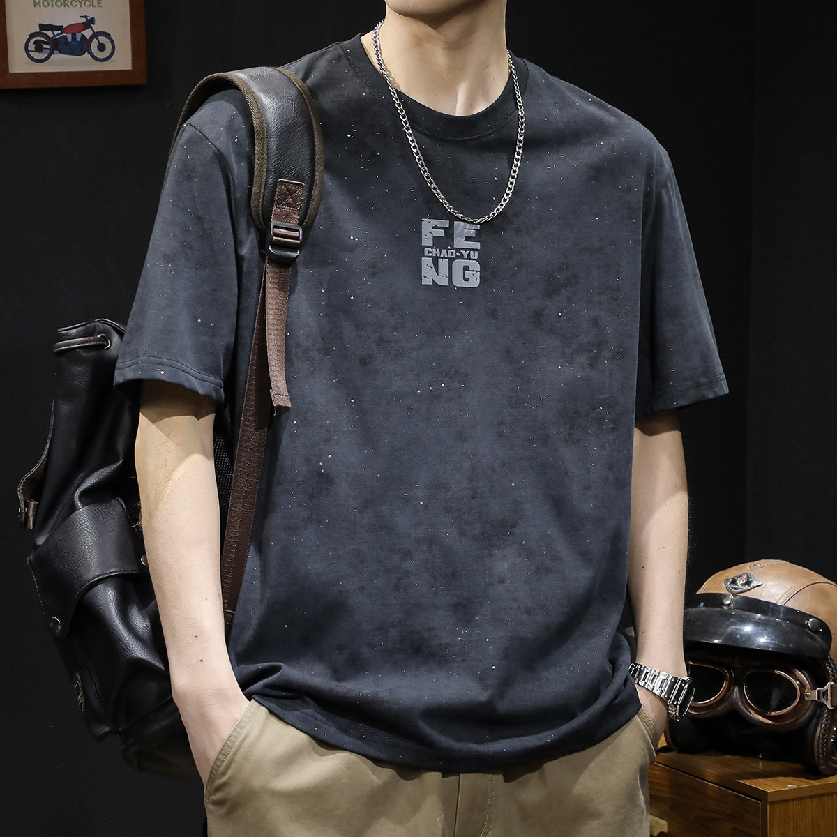 2025新款潮牌满天星短袖t恤男夏季宽松大码衣服重磅圆领体恤男装