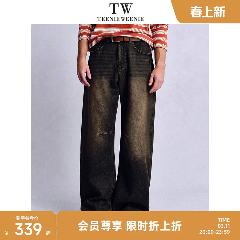 TeenieWeenie小熊男装复古美式水洗骨感廓形宽松弯刀牛仔裤子