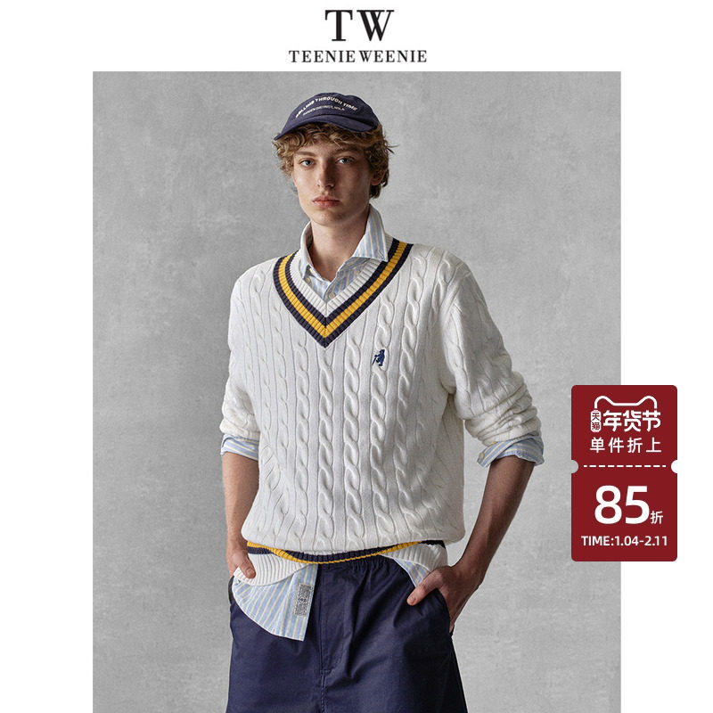 Teenie Weenie小熊男装复古学院撞色条纹提花微落肩V领
