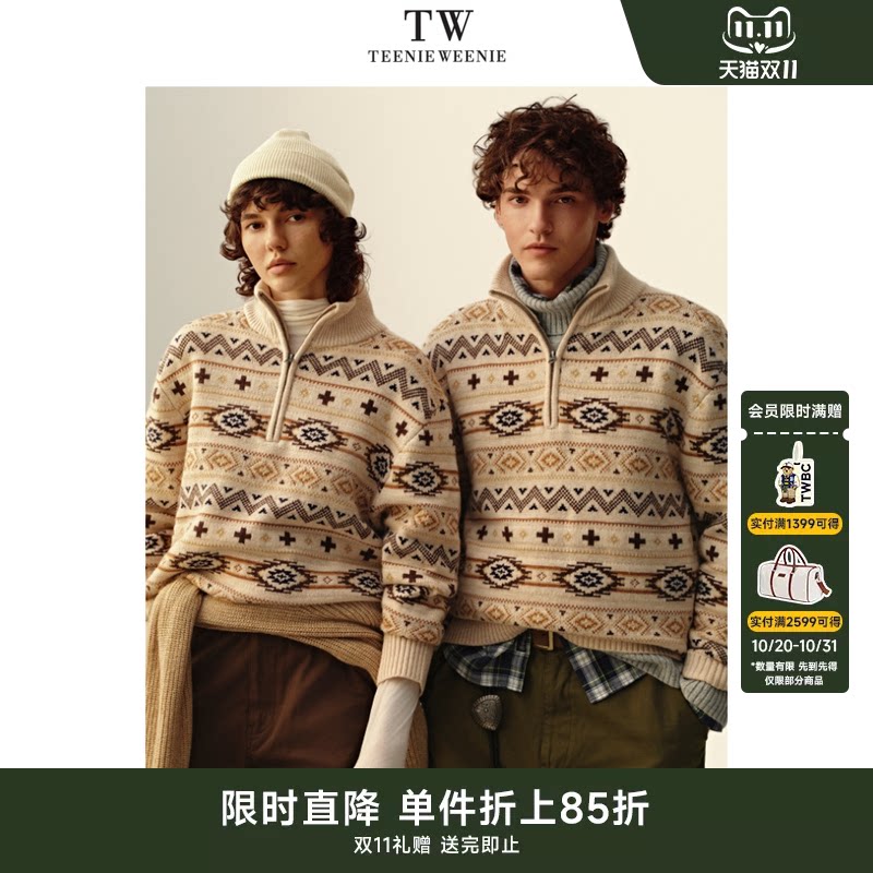 TeenieWeenie小熊男装绵羊毛混纺宽松半拉链立领法式慵懒休闲毛衣