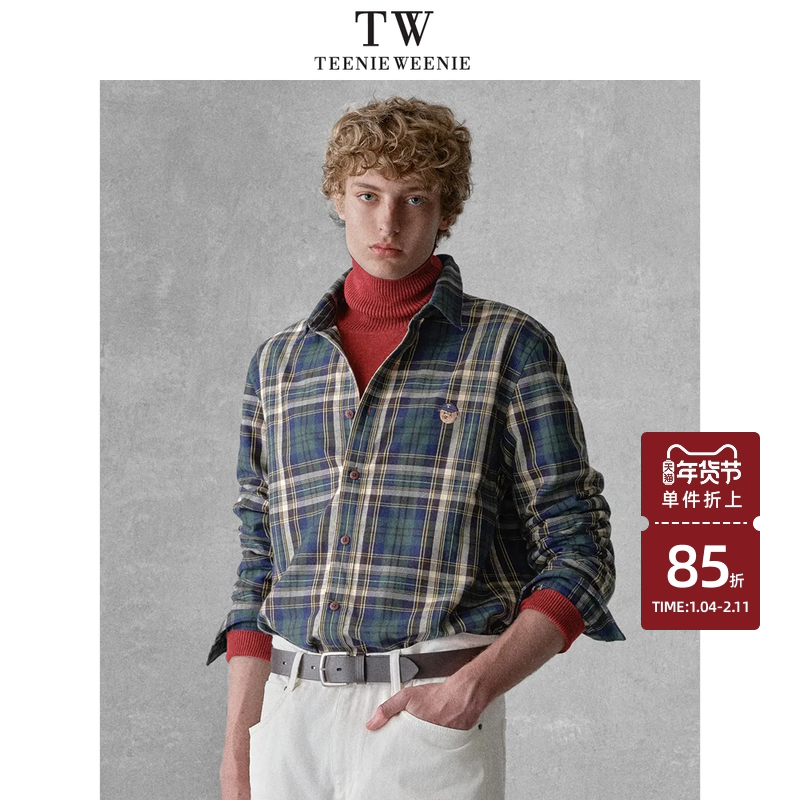 Teenie Weenie小熊男装简约休闲宽松刺绣拼接格纹翻领衬