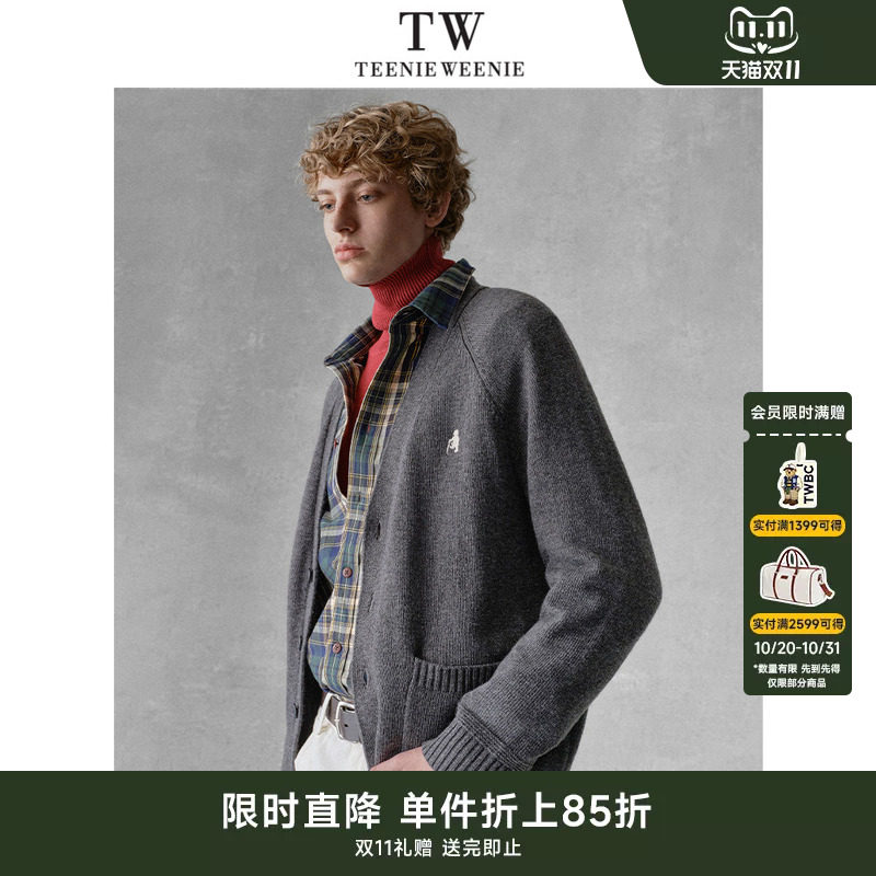 TeenieWeenie小熊男装休闲日常微阔插肩袖V领绵羊毛混纺针织开衫