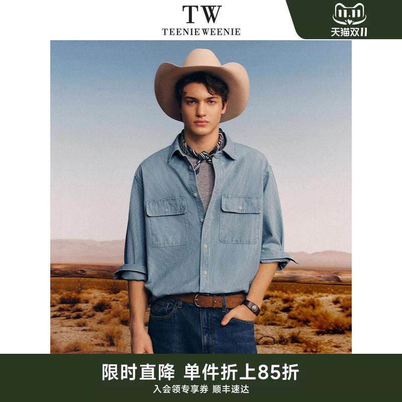 TeenieWeenie小熊男装2026年秋季宽松刺绣纯棉条纹提花牛仔衬衫