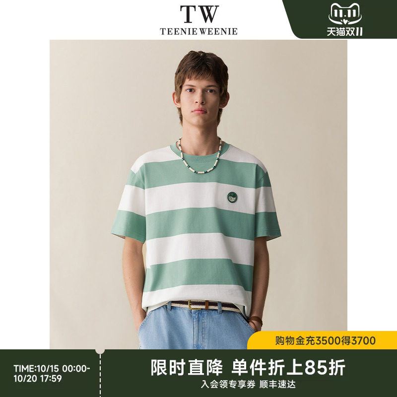 TeenieWeenie小熊男装2026夏季徽章纯棉短袖宽松条纹圆领短袖T恤