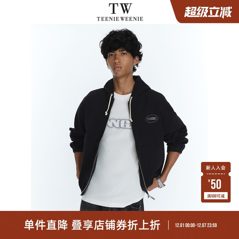 Teenie Weenie小熊男装复古水洗做旧帆布舒适街头风连帽牛仔夹克