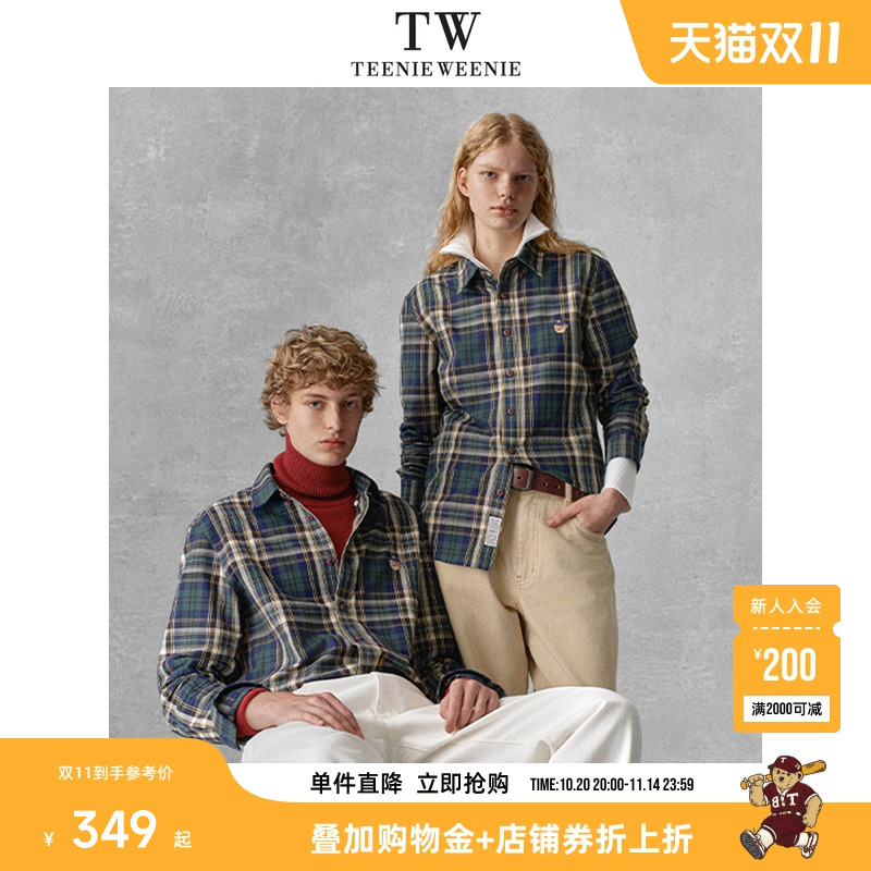 Teenie Weenie小熊男装简约长袖休闲宽松刺绣格纹翻领衬衫上衣