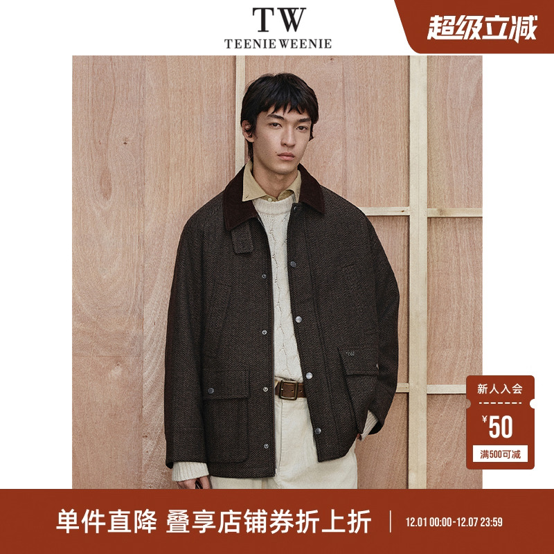 Teenie Weenie小熊男装复古法式插肩宽松中性风毛呢外套