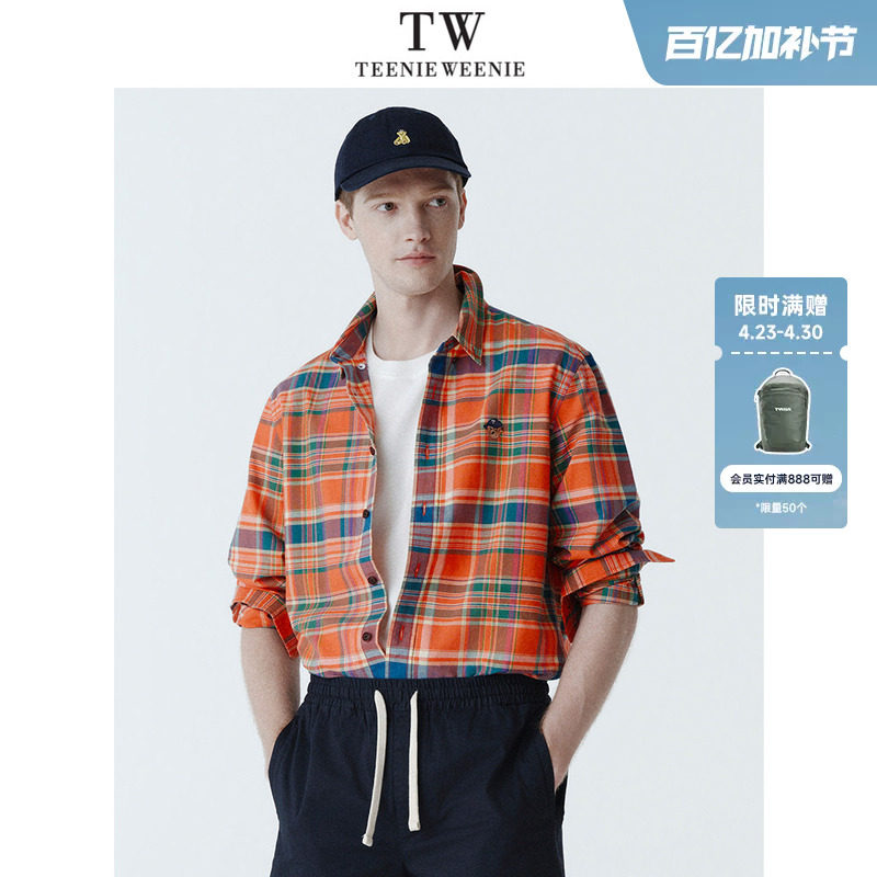 TeenieWeenie小熊男装2026年春美式复古格子休闲时尚刺绣长袖衬衫